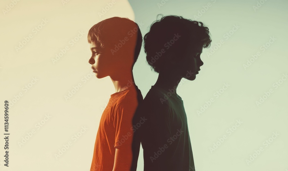 Dual boy profiles, contrasting light, thoughtful pose. Dual boy profiles, contrasting light, thoughtful pose.