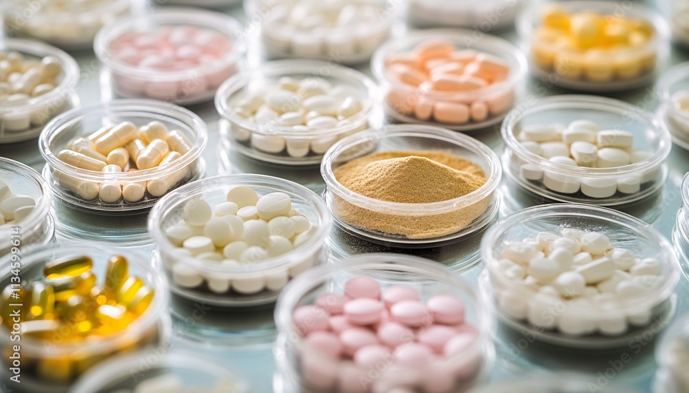 Petri dishes filled with small pills and powdered medicine showcasing the intricate details of medical research in pharmaceutical studies. Petri dishes filled with small pills and powdered medicine showcasing the intricate details of medical research in pharmaceutical studies.