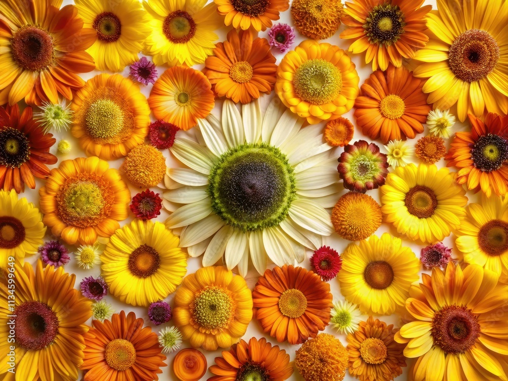 Obraz premium High-resolution PNG: Calendula and sunflower pressed flower circle pattern. Botanical design perfection.