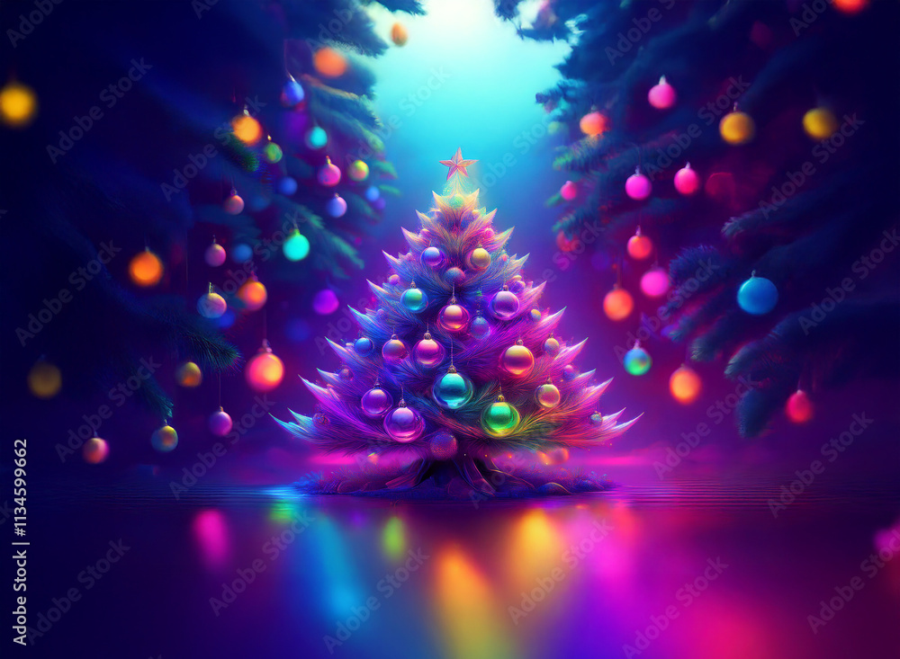 A vibrant, stylized Christmas tree glows with iridescent ornaments, nestled in a dark, whimsical forest. Magical light illuminates the scene. A vibrant, stylized Christmas tree glows with iridescent ornaments, nestled in a dark, whimsical forest. Magical light illuminates the scene.