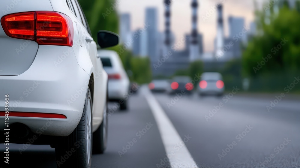 A white car is on a busy road with other cars in the background A white car is on a busy road with other cars in the background