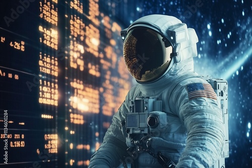 Cinematic Astronaut in Front of Digital Stock Market Display – Blending Space Exploration and Financial Data