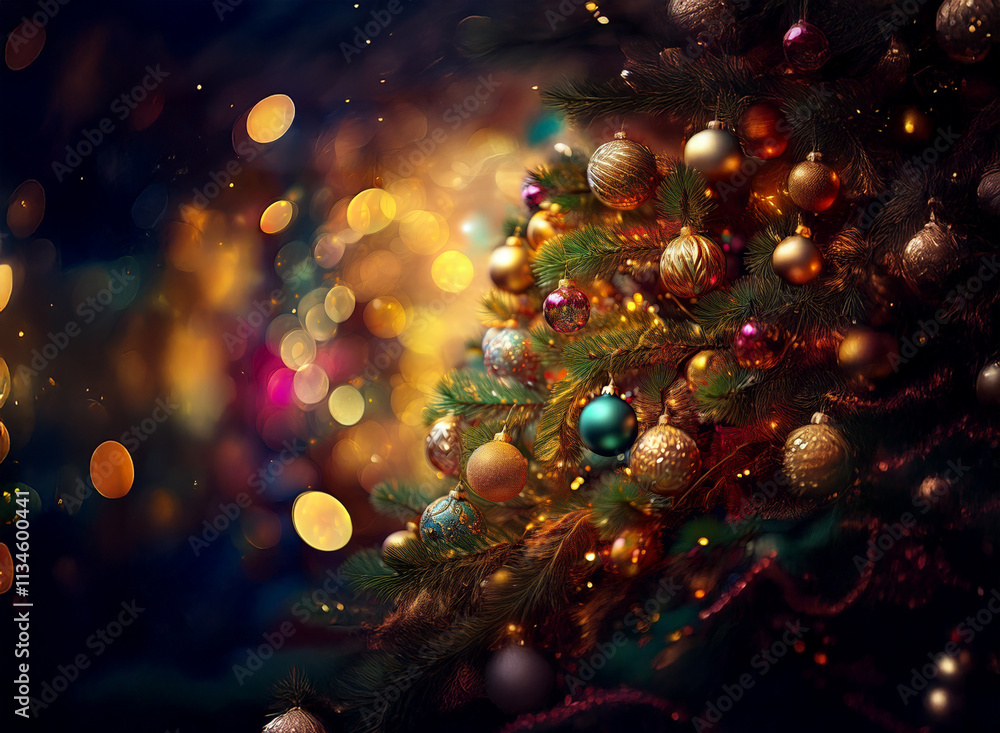 A beautifully decorated Christmas tree sparkles with golden, teal, and crimson ornaments against a bokeh background of warm lights and falling snow. Festive and magical. A beautifully decorated Christmas tree sparkles with golden, teal, and crimson ornaments against a bokeh background of warm lights and falling snow. Festive and magical.