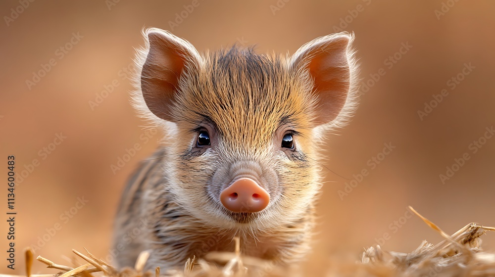 Fototapeta premium Adorable Piglet Curiously Staring at the Camera Surrounded by Soft Straw in a Warm Farm Environment with Gentle Brown Background