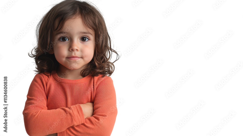 Young child with curly hair crossing arms, displaying confidence in a neutral setting. Young child with curly hair crossing arms, displaying confidence in a neutral setting.