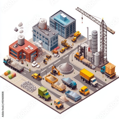 Construction Site with Trucks and Industrial Buildings photo