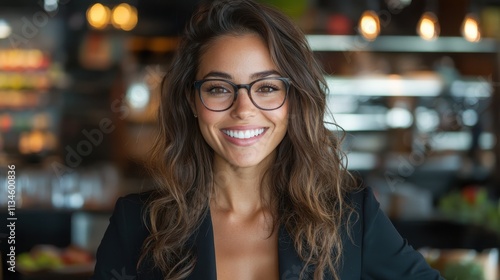 A cheerful woman wearing glasses and a black blazer smiles warmly in a cozy coffee shop, with soft lighting creating a welcoming atmosphere.