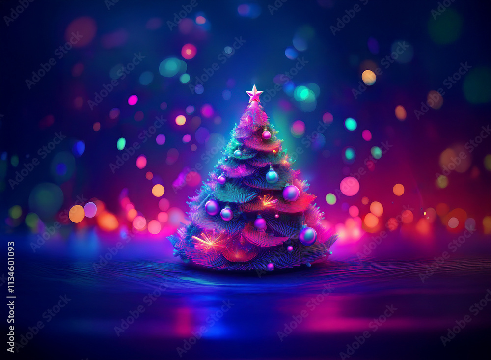 A vibrant, stylized Christmas tree glows with neon lights and colorful ornaments against a bokeh background. Magical, festive, and digitally rendered. A vibrant, stylized Christmas tree glows with neon lights and colorful ornaments against a bokeh background. Magical, festive, and digitally rendered.