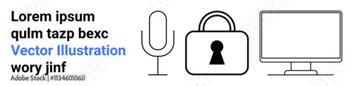 Microphone, lock with keyhole, and computer monitor, representing digital security and media. Ideal for cybersecurity, media, communications, data protection, technology online privacy digital