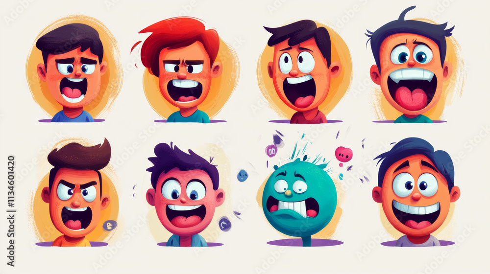 Funny characters faces in square shape with mouth and eyes. Cute comic avatars of people with different emotions, vector illustration in contemporary style isolated on background Funny characters faces in square shape with mouth and eyes. Cute comic avatars of people with different emotions, vector illustration in contemporary style isolated on background
