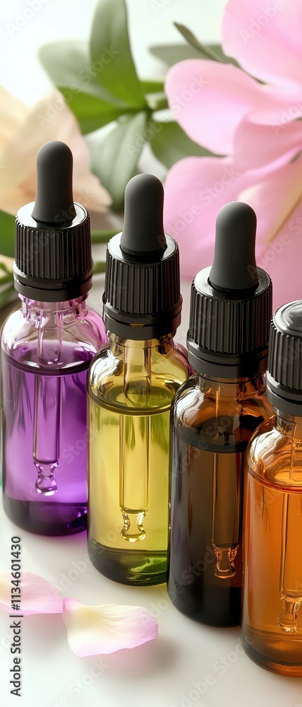 Colorful Pastel Aromatherapy and Essential Oil Healing, an arrangement of pastel glass bottles with essential oils and diffusers Colorful Pastel Aromatherapy and Essential Oil Healing, an arrangement of pastel glass bottles with essential oils and diffusers