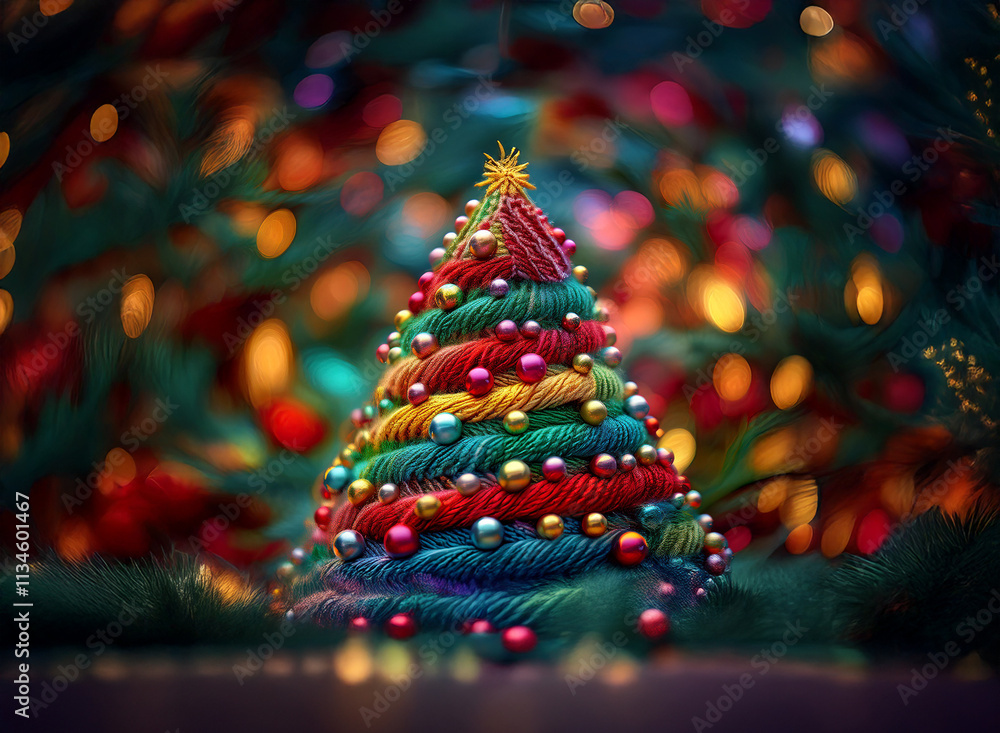 A vibrant, colorful Christmas tree crafted from swirling ribbons and adorned with glistening baubles, sits against a bokeh background of warm lights and deep greens. Festive and whimsical, it evokes j A vibrant, colorful Christmas tree crafted from swirling ribbons and adorned with glistening baubles, sits against a bokeh background of warm lights and deep greens. Festive and whimsical, it evokes j