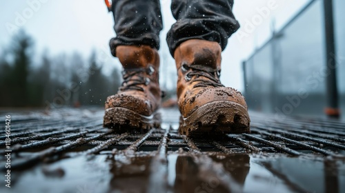 Close-up of a person's muddy boots stepping on a wet metal grid amid a construction site, with rain adding texture to this representation of work and conditions. photo