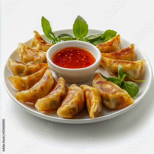 Chicken Gyoza with dipping sauce isolation on white background. photo