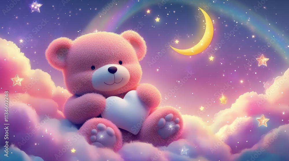 Pink teddy bear holding heart, sitting on clouds under a crescent moon and rainbow at night. Pink teddy bear holding heart, sitting on clouds under a crescent moon and rainbow at night.