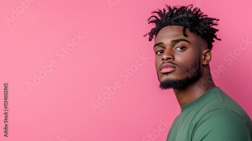 A side profile of a man featuring a textured hairstyle and a green shirt, set against a bold pink backdrop, showcasing a cool and composed demeanor. photo