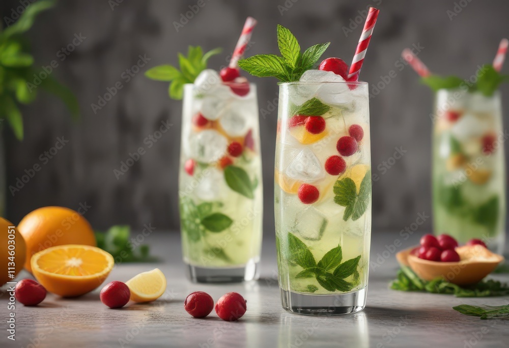 Refreshing lychee mojito soda with orange cranberry & mint garnish, cool, summer Refreshing lychee mojito soda with orange cranberry & mint garnish, cool, summer