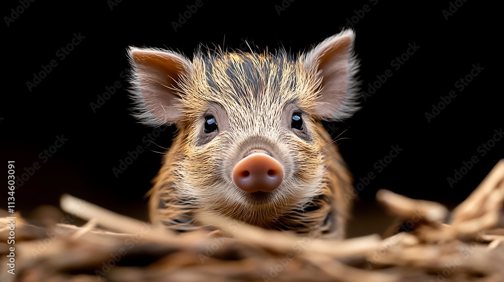 Fototapeta premium Adorable Close-Up of a Young Wild Boar with Striped Fur Relaxing in Its Natural Habitat Surrounded by Straw and Soft Lighting
