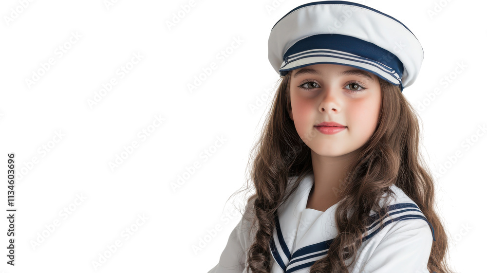 Exhilarating Image of a Young Girl Dressed as a Sailor in Nautical Attire Perfect for Marine-Themed Projects and Summer Activities. Exhilarating Image of a Young Girl Dressed as a Sailor in Nautical Attire Perfect for Marine-Themed Projects and Summer Activities.