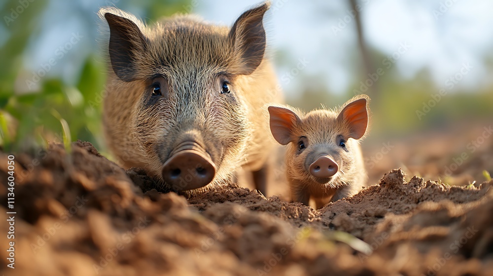 Mother Boar and Cute Piglet Explore the Ground Together in a Natural Setting Surrounded by Nature in a Bright and Sunny Environment Mother Boar and Cute Piglet Explore the Ground Together in a Natural Setting Surrounded by Nature in a Bright and Sunny Environment