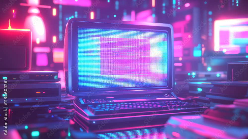 Social media posts with retro computer interface with glitch effect. Abstract posters templates with desktop PC screen design in retrowave style in neon colors, vector illustration Social media posts with retro computer interface with glitch effect. Abstract posters templates with desktop PC screen design in retrowave style in neon colors, vector illustration