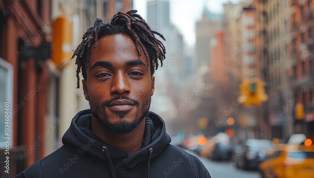 Fototapeta premium A Black man with short dreadlocks wearing an all-black hoodie, posing for the camera in front of buildings in New York City