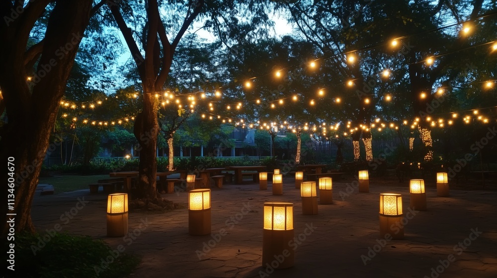 Evening park scene with string lights and lanterns. Evening park scene with string lights and lanterns.