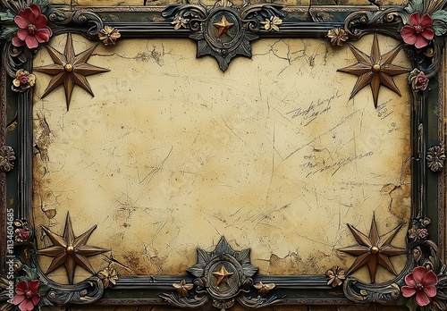 A blank cream-colored page with an ornate border, brown stars and flowers in the corners, and old-style writing around the edges