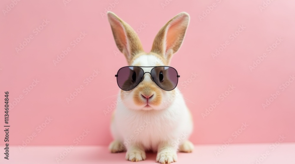 Fototapeta premium Cute Bunny in Aviator Sunglasses Against Pink Background