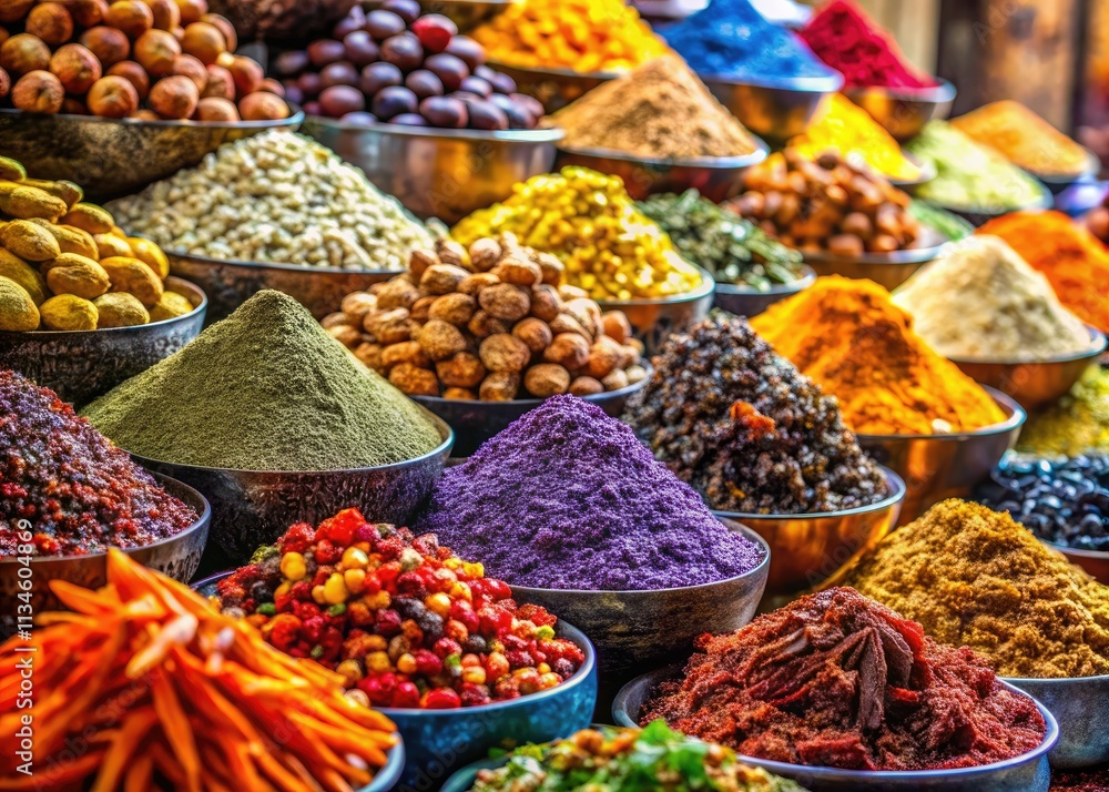 Fototapeta premium Immerse yourself in vibrant hues: Indian spice market photography captures the intoxicating beauty of dried fruits and spices.