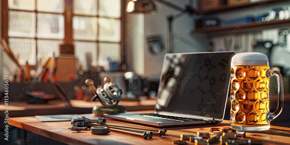 Laptop, Beer Stein, and Metal Parts on Workbench Laptop, Beer Stein, and Metal Parts on Workbench