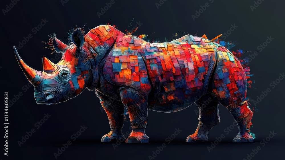 Stylized rhinoceros, designed with sharp lines and unique color contrasts, presenting a modern and visually striking depiction of its form. Stylized rhinoceros, designed with sharp lines and unique color contrasts, presenting a modern and visually striking depiction of its form.