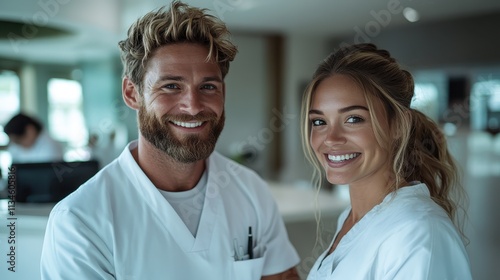 Two cheerful healthcare workers in white uniforms stand in a medical setting, symbolizing friendliness, teamwork, and well-being, ideal for health industry themes.