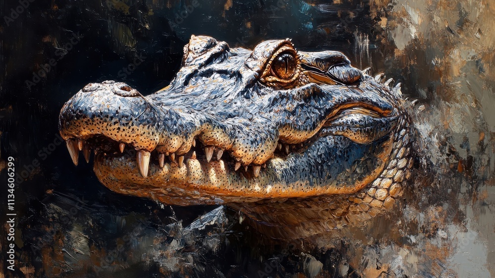 Obraz premium Oil painting style, a crocodile depicted with rich, textured brushstrokes, highlighting its rough scales and powerful physique in a classic, realistic manner.