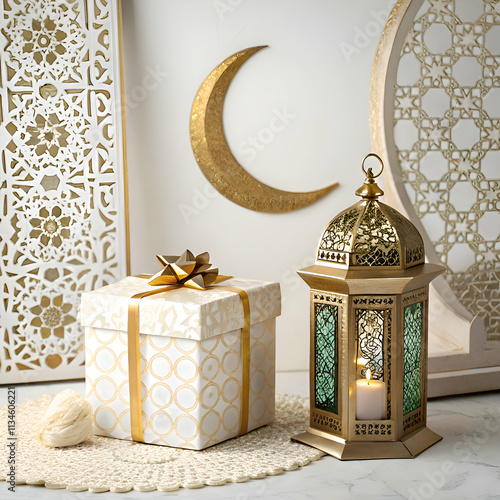 lamp on the wall in the room with gift box and moon photo