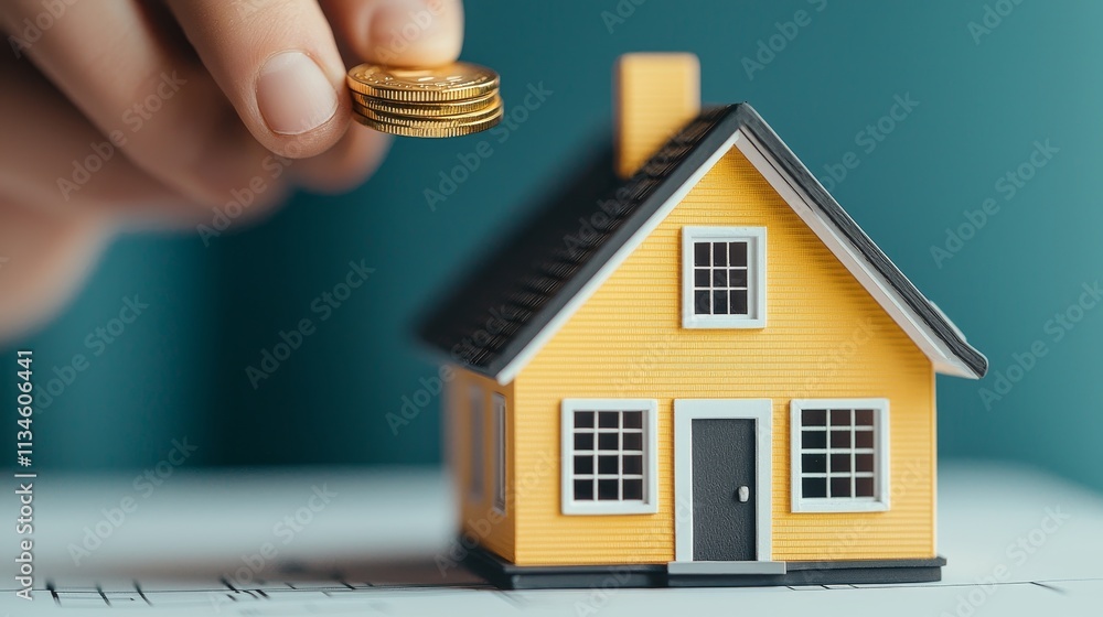 A hand places a coin on a small yellow house model, symbolizing investment and financial growth in real estate. A hand places a coin on a small yellow house model, symbolizing investment and financial growth in real estate.