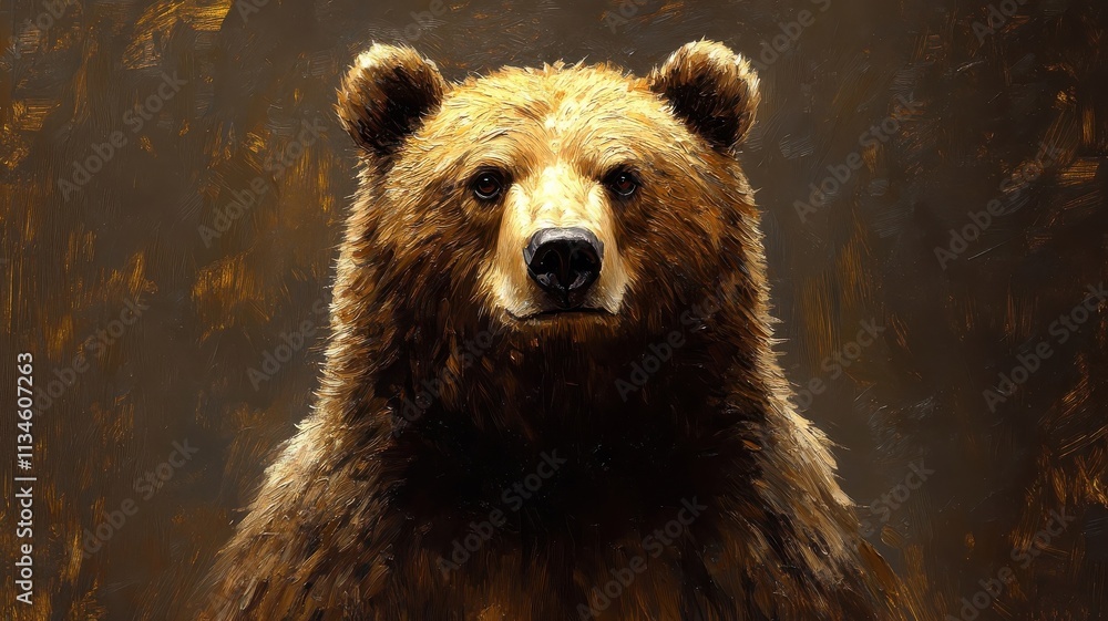 Obraz premium Oil painting style, a majestic bear with rich brushstrokes, detailed fur, and warm lighting in a classic portrait.