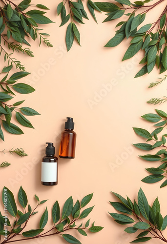 Two cosmetic bottles mockup with green leaves frame on beige background, organic beauty products