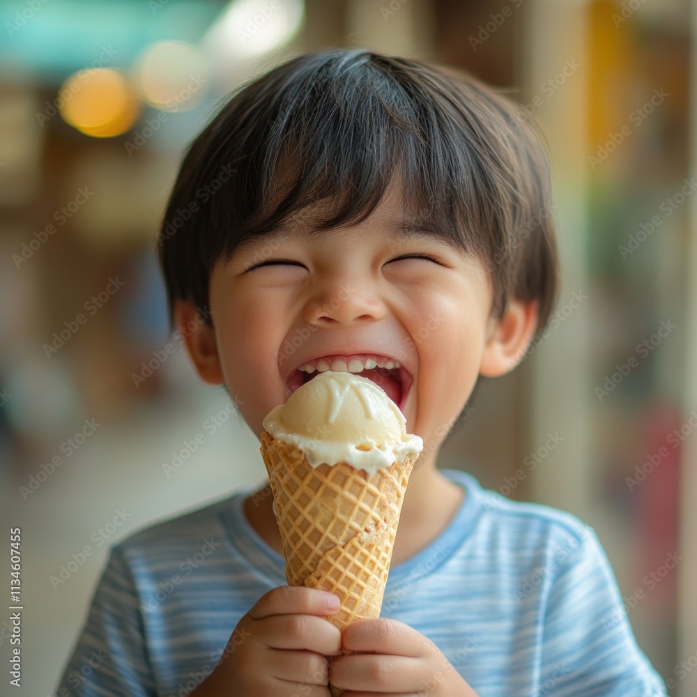 Happy little kid eating an ice cream cone , smiling and holding it in his hands, Happy little kid eating an ice cream cone , smiling and holding it in his hands,