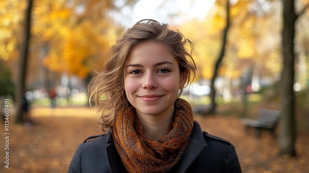 Young Woman Smiling in Autumn Park Setting Young Woman Smiling in Autumn Park Setting