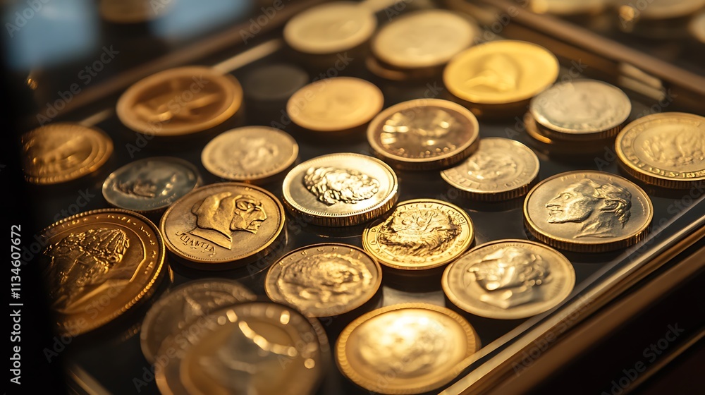 Golden Coins Displayed In A Collector Case Golden Coins Displayed In A Collector Case