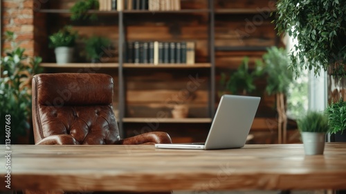 A vintage brown leather chair is placed beside an open laptop on a wooden desk, surrounded by lush green plants and a backdrop of wooden shelves filled with books. photo