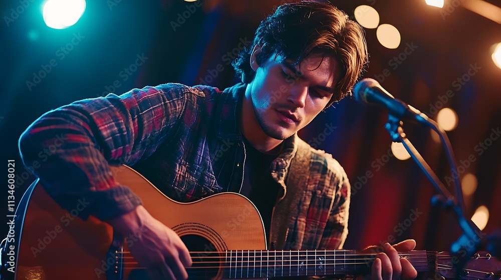 Obraz premium Young Man Performing Acoustic Guitar Song