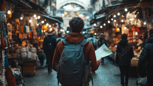 Traveler with backpack consults map in market.