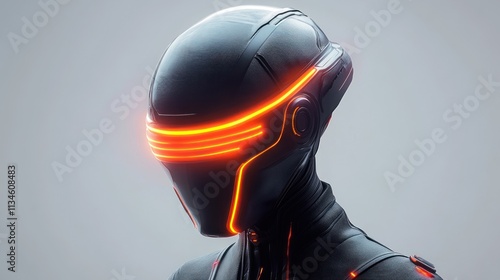 Futuristic robot head with glowing orange visor, close-up profile view against a neutral background.