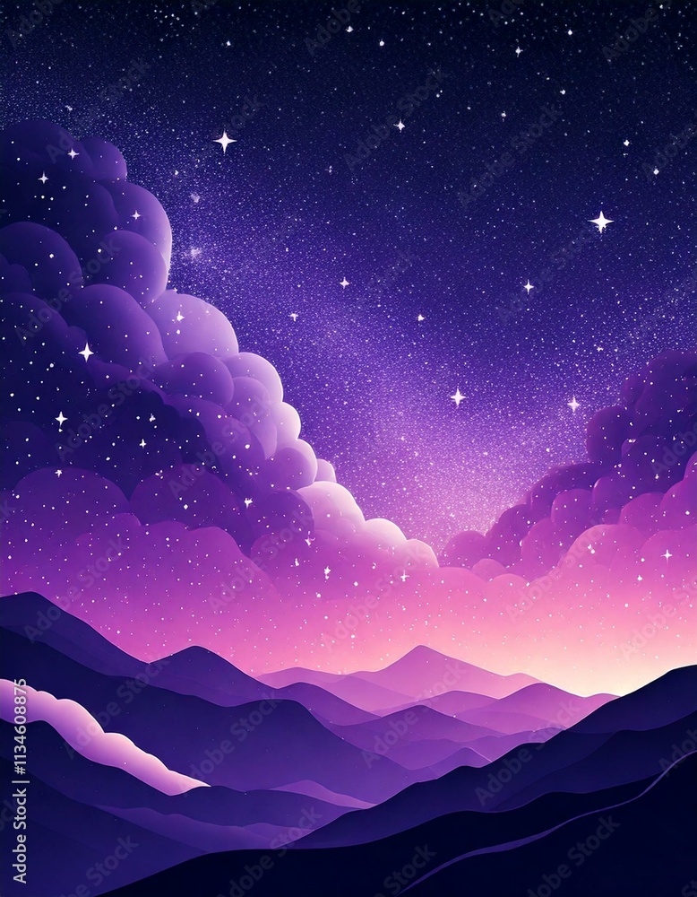 Obraz premium Vertical wallpaper of a sea of ​​clouds at sunrise with a background of cosmic stars and violet and blue gradients.Wallpaper, phone background