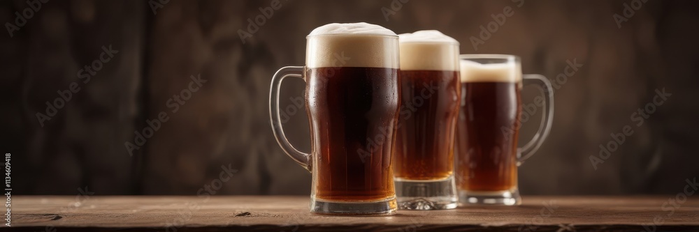Dark brown beer, tall handled glass, rich foam , stein, beverage Dark brown beer, tall handled glass, rich foam , stein, beverage