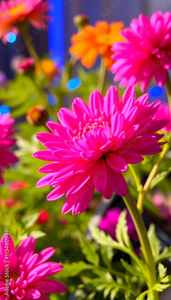 Obraz premium Bright plant flower blossom blooming chrysanthemum floral background nature beauty pink, glowing neon, with white tones