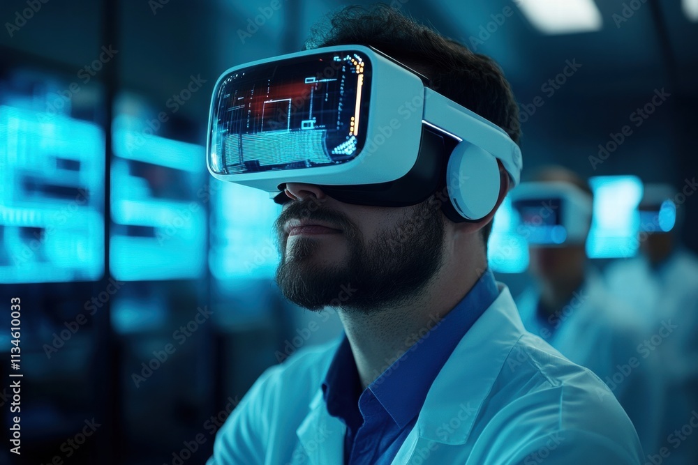 Man in VR Headset Exploring Virtual Data Man in VR Headset Exploring Virtual Data