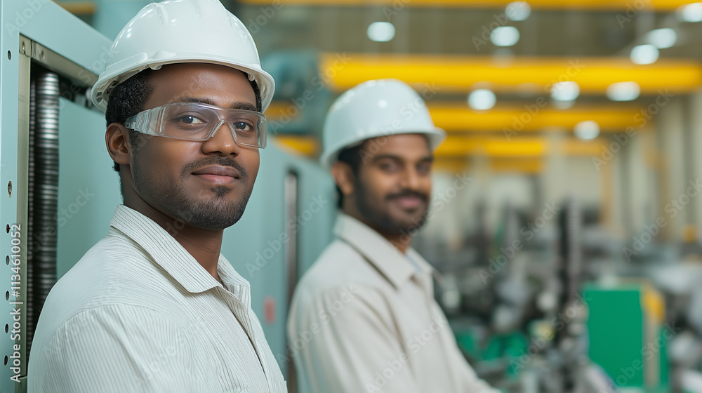 Two indian male engineers working together in a modern industrial factory setting, showcasing teamwork and expertise Two indian male engineers working together in a modern industrial factory setting, showcasing teamwork and expertise